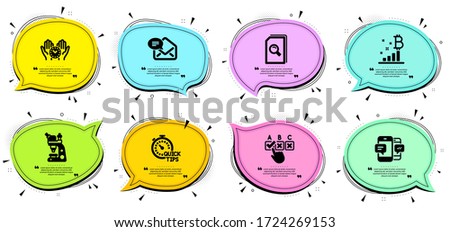 Microscope, Bitcoin graph and Correct checkbox signs. Chat bubbles with quotes. Quick tips, Search files and Safe time line icons set. New mail, Smartphone sms symbols. Vector