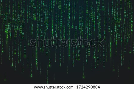 Binary matrix background. Green falling digits. Running bright numbers. Abstract data stream. Futuristic code backdrop. Cyber system concept. Vector illustration. Royalty-Free Stock Photo #1724290804