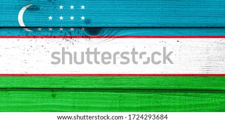 Uzbekistan flag painted on old wood plank background. Brushed natural light knotted wooden board texture. Wooden texture background flag of Uzbekistan