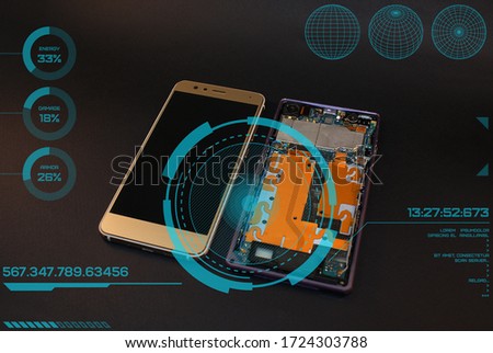 Golden smartphone and disassembled phone, modern technology.