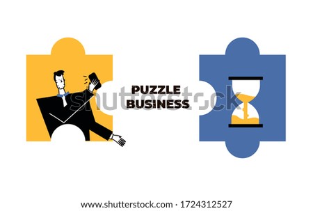 Business man in a blue yellow grey puzzle collage makes a business call, calls customers or business partners. concept is running out of time. Colorful  illustration in modern flat cartoon style