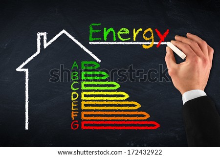 chalkboard with hand and energy efficiency drawing