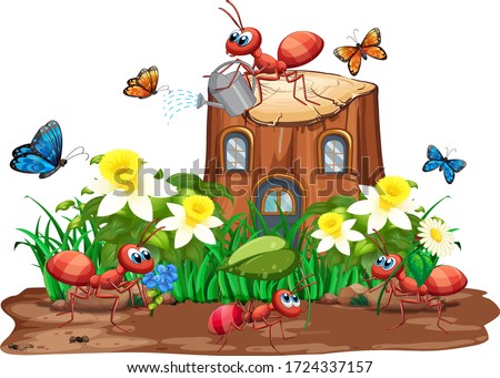Scene with ants and butterflies in the garden illustration