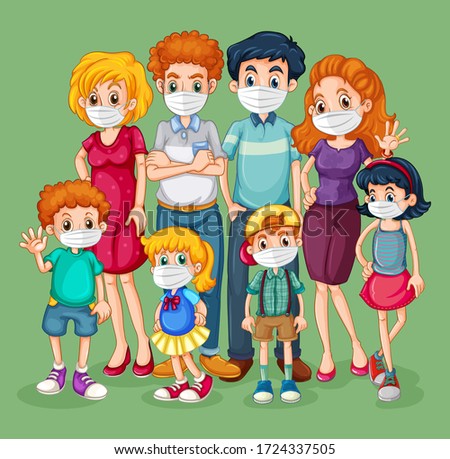 Group of family member characters wearing mask illustration