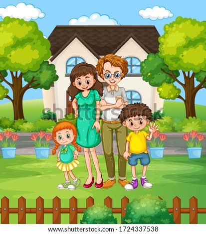 Happy family at the yard illustration