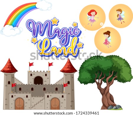 Set of fairytale characters and castle on white background illustration