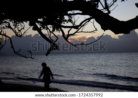 Sunrise: A silhouetted  person walks along the shore in the early morning sunlight to get that exercise in for good health.