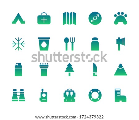 Survival and outdoor 20 gradient icons set design. Contains such as camp, flashlight, binoculars, water bottle, handy talk, and more. Vector illustration Eps 10 