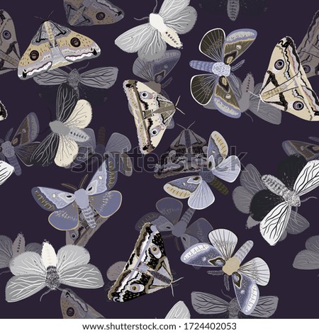 White moths on a vilet, purple color background. Seamless vector pattern with insects. Repeating square pattern for fabric and wallpaper.