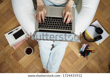 Online shopping, online learning, wark at home. Distance education. Quarantine, self-isolation. Woman look at laptop. Freelancer, Digital nomad concept Royalty-Free Stock Photo #1724431912