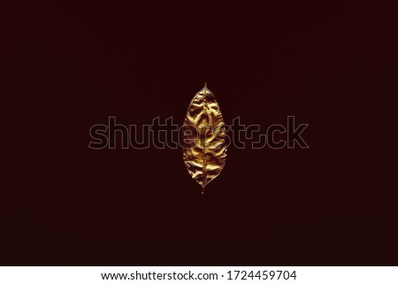 Natural gold leaf isolated on a brown background. Flat lay, top view minimal concept. Unique design elements for invitation, wedding cards, greeting cards, valentines day, christmas decoration.