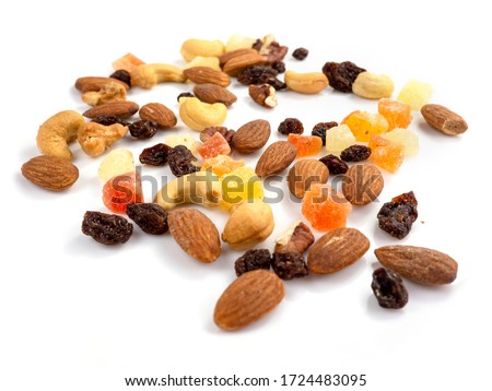 Mix of various nuts and dried fruit on white, Almonds, Raisins, Nuts, top view

 Royalty-Free Stock Photo #1724483095