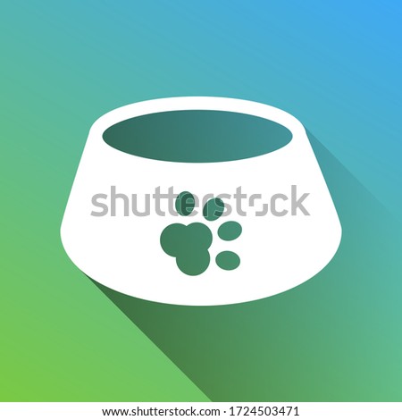 Pet dog bowl sign. White Icon with gray dropped limitless shadow on green to blue background. Illustration.