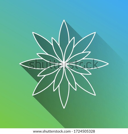 Flower sign. White Icon with gray dropped limitless shadow on green to blue background. Illustration.