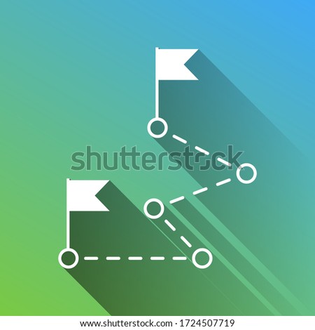 Route with flags sign. White Icon with gray dropped limitless shadow on green to blue background. Illustration.