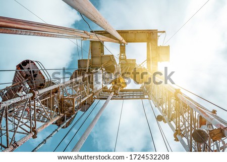 Drilling rig in oil field for drilled into subsurface in order to produced crude, inside view. Petroleum Industry. Onshore drilling rig. Royalty-Free Stock Photo #1724532208