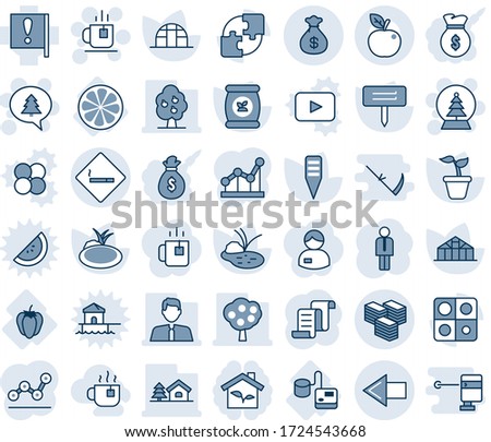 Blue tint and shade editable vector line icon set - left arrow vector, smoking area sign, tea, snowball tree, merry christmas message, manager, contract, seedling, plant label, greenhouse, pond, hot