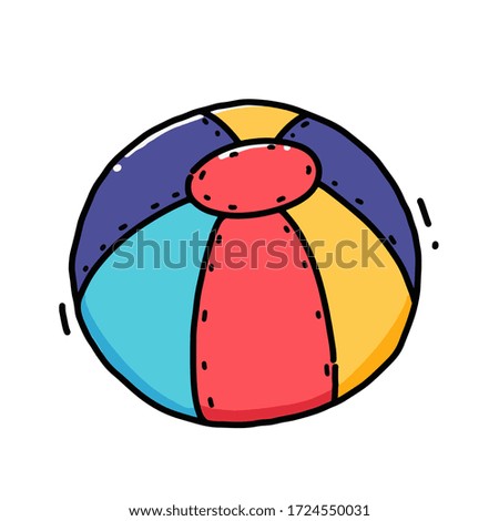Hand drawn vector illustration. Set of contour and color drawing isolated on white. Colored inflatable beach ball. Doodle element for design, card, print, sticker.
