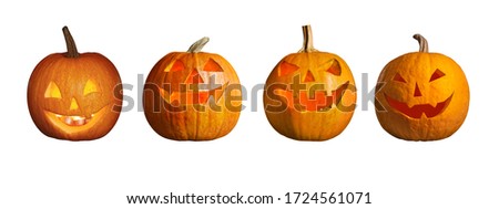 Set of halloween pumpkin head jack lanterns on white background. Banner design 