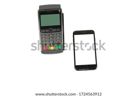 mobile pay  POS device and smart phone in a hand isolated on white background.