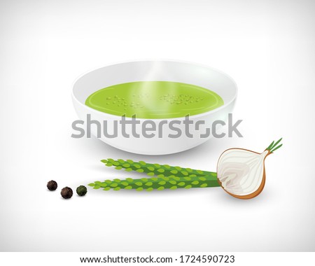Flat style hot asparagus soup with transparent steam in ceramic plate. Fresh asparagus branches, half of onion, black pepper. Healthy organic farm food. Vegan lifestyle concept. Vector illustration.