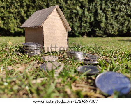 Small house model and coins