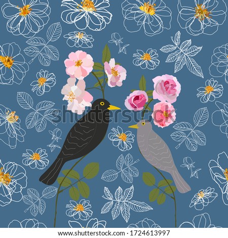white color lined design flowers roses vectors and two birds wallpaper seamless pattern on blue color background