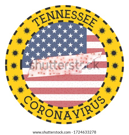 Coronavirus in Tennessee sign. Round badge with shape of Tennessee. Yellow us state lock down emblem with title and virus signs. Vector illustration.