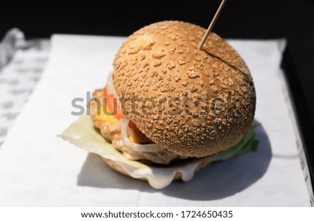 Tasty burger close up. Close up of hamburger on white background. Selective focus image