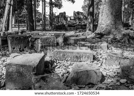 A black and white photo of ancient stone blocks strewn on the jungle floor in front of an ancient temple ruin in the famous Angkor Thom Temple complex in Cambodia.