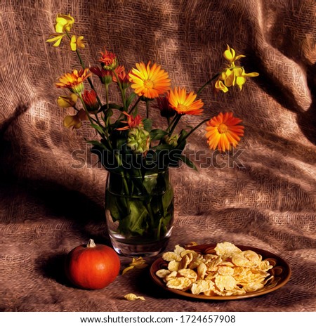 
Light rustic dinner with cereal, wildflowers vase with calendula and pumpkin