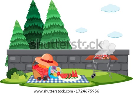 Scene with BBQ grill and picnic basket in the garden illustration