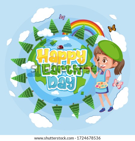 Poster design for happy earth day with happy girl painting illustration