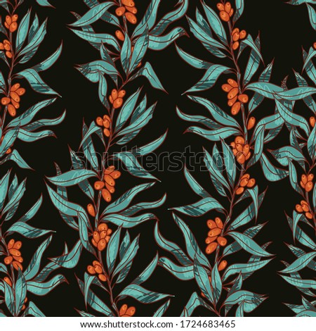 Seamless pattern of sea buckthorn branches. Design for fabric, textile, paper, packaging. The plant is suitable for food, cooking oil, cosmetic and medicinal products.  Vector graphics.