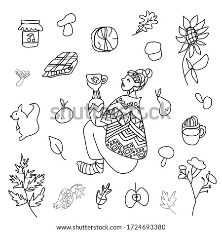 Autumn set with girl,mushrooms,leaves,cappuccino, squirrel,plaid,fern,jar with jam,mandarin,pear, firewood,sunflower.Clip art black line in doodle style. Design for card,packages,web.