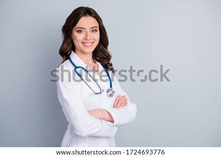 Profile photo of attractive family doc lady patients consultation friendly smiling reliable virology clinic arms crossed wear white lab coat stethoscope isolated grey color background Royalty-Free Stock Photo #1724693776