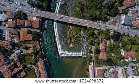 Top Bridge View by Drone with Little River and Houses on Background Nature and Urban Concept