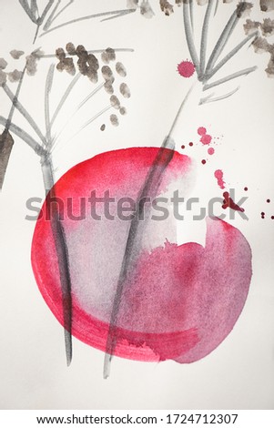 Japanese painting with flowers and pink circle on white