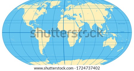 World map with most important circles of latitudes and longitudes, showing Equator, Greenwich meridian, Arctic and Antarctic Circle, Tropic of Cancer and Capricorn. English. Illustration. Vector. Royalty-Free Stock Photo #1724737402