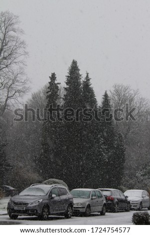 Picture of a snowy landscape. There are cars on the bottom of the shot and trees in the background and the snow is falling