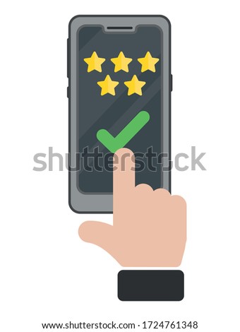 Review rating bubble speeches on mobile phone. Feedback concept with a hand. Select quality with a finger review or rate the helpdesk assistance provided.