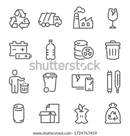 Big set of waste sorting, recycling thin line icons isolated on white. Garbage collection outline pictograms bundle, logos. Plastic, glass, food, mercury trash vector elements for infographic, web. Royalty-Free Stock Photo #1724767459