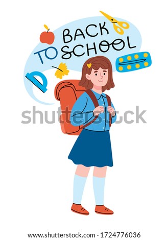 Little girl with a big backpack. little student girl carrying big and heavy school bag.School concept. Back to School. 