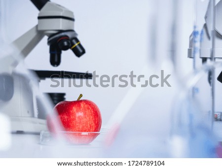 Red Apple to selection in Microbiological laboratory.Chemical Laboratory of the Food supply.Food in laboratory.GMO Genetically modified food in lab.