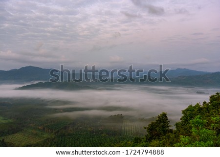 Scenery of mountains under mist in the morning in Thailand. Content contains noise, film grain, compression artifacts, pixelation. Main subject is not in focus due to camera shake, motion blur.