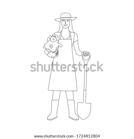 Standing young woman or girl or lady holding pot of flower plant and shovel line art. Smiling female gardener icon sign or symbol. Gardening activity. Farming equipment concept - Vector illustration.