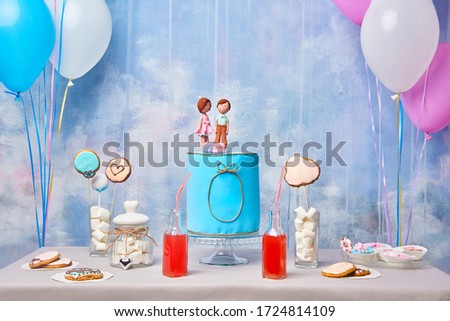 Children's funny birthday party in decorated room with balloons. Happy celebration of International Children's Day at home. Copy space