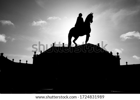 Equestrian statue of King Fredrick V in the middle of Amalienborg square in Copenhagen