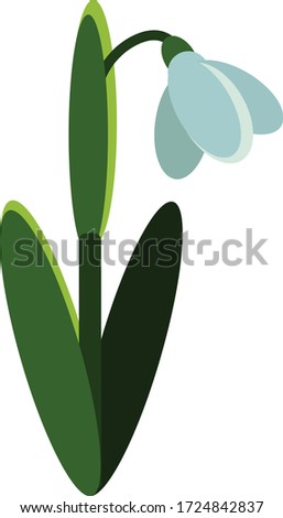 A minimalistic image of a snowdrop. Logo or pattern element. Illustration of a flower made from simple shapes. Sticker or fragment of a greeting card. EPS 10