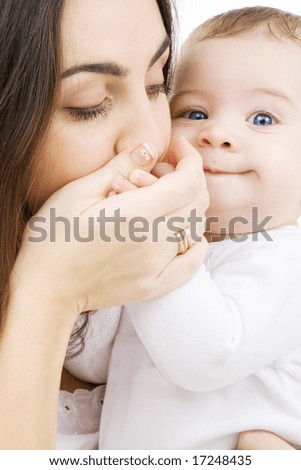 picture of happy mother with baby over white